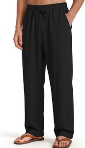 Men's Black Cotton <b>Drawstring</b> Pants Elastic Waist Casual Loose Fit Breathable Summer <b>Trousers</b> With Side Pockets - Product Image 2