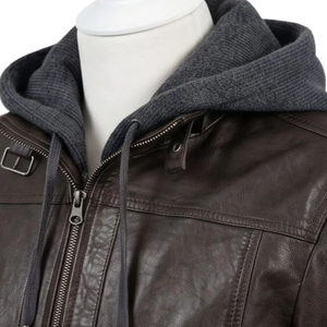 Meilleure veste en cuir avec capuche pour homme, veste en cuir PU noir avec fermeture éclair et doublure en fausse fourrure, style moto - Product Image 3