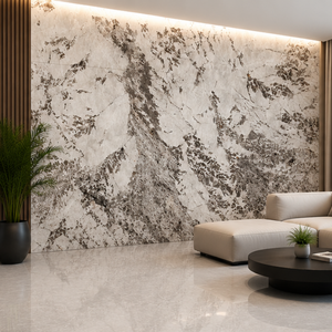 Mármol Pulido ALPINE WHITE-3 Ecológico con Vetas Negras y Verdes, Gran Losa, Diseño de Modelo 3D, Decoración Moderna para Paredes de Sala de Estar - Product Image 1