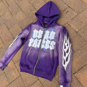 Nouveauté 2026 : Sweats à capuche thermiques zippés pour hommes, en molleton bouclette français délavé et vieilli, avec broderie de patch LOGO personnalisé et effet délavé à l'acide - Product Image 5