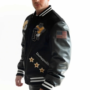 Unisex Black PU Varsity Jacket Embroidered Custom Printed Design Stand Collar Button Front <b>Winter</b> Style Customized Color - Product Image 2