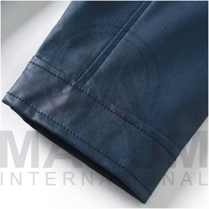 Blue Leather Jacket Slim Fit Turn-<b>down</b> Collar Zipper Closure Regular Length - Product Image 3