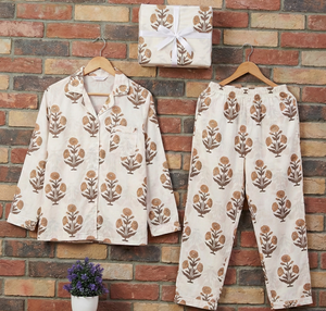 Ensemble de pyjama pour femmes, vêtements de nuit, tissu tissé 100% coton, imprimé floral brun à la main, style décontracté pour l'été - Product Image 6