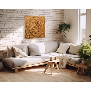Arte de Pared de Madera Tallada a Mano, Diseño Espiral Dorado, Minimalista, 50x50x2 cm, Rectangular, Venta al por Mayor, Moradabad, India, Aqudus Saleem - Product Image 1
