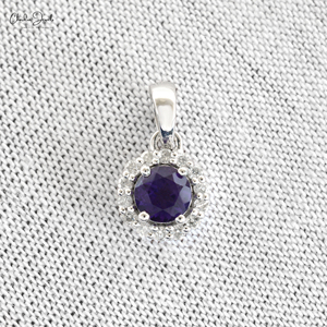 Ready to Ship <b>Pendant</b> Natural 4mm Round Cut Amethyst Gemstone Halo <b>Pendant</b> in 14k <b>Solid</b> White <b>Gold</b> Diamond <b>Pendant</b> Jewelry - Product Image 6