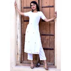 Vestido Kurta Recto de Algodón/Fibra de Bambú Transpirable para Mujer, Talla XS, Color Blanco - Product Image 3