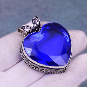 Handcrafted 925 Sterling Silver Blue Heart Gemstone Pendant Large Royal Blue Statement <b>Necklace</b> Wholesale Jewelry - Product Image 1