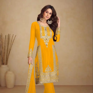 Conjunto de Salwar Kameez para boda, ropa étnica, Salwar Kameez tradicional hasta la rodilla para ocasiones festivas, con bordado de lentejuelas y trabajo Zari. - Product Image 1