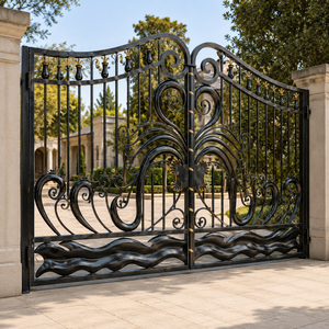 Black Wrought Iron Double <b>Swing</b> Gate Gold Accent Ornamental Scrollwork Villa Driveway Security Entrance Gate - Product Image 2