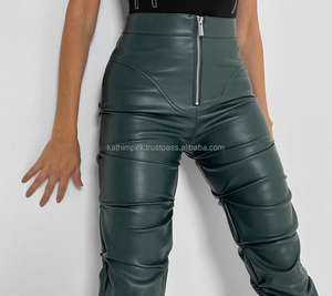 Pantalon empilé vert pour femme avec taille élastique en cuir PU fermeture à glissière et poches arrière Streetwear personnalisé prêt en stock coupe ajustée - Product Image 5