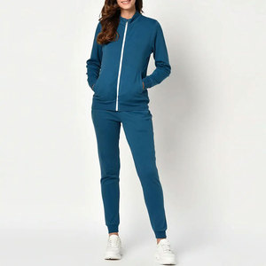 Survêtement bleu pour femme, fermeture éclair intégrale, couleur unie, col montant, sweat-shirt décontracté avec poches latérales, matière respirante en coton et élasthanne - Product Image 3