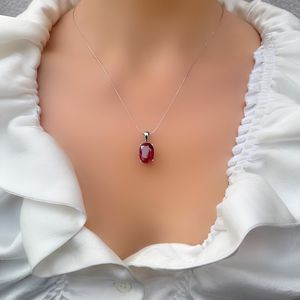 Genuine Ruby Large Oval Solitaire Silver Pendant Elegant <b>Red</b> Gemstone Jewelry July Birthstone Gift For Women Necklace - Product Image 2