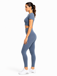 Ensemble de yoga 2 pièces : Crop top col rond et Legging taille haute longueur intégrale, sans couture, taille élastique, en Spandex/Nylon, séchage rapide - Product Image 2