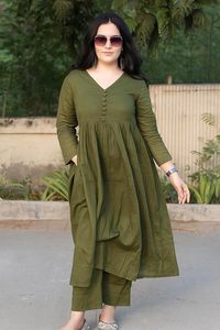 Conjunto de pantalón y kurta para mujer, estilo Anarkali, cuello en V, con detalles de botones, cintura imperio, informal, para oficina. - Product Image 3