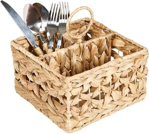 Panier de rangement en jacinthe d'eau tressé à la main pour couverts, support à ustensiles avec poignée, organisateur de table de cuisine, OEM ODM - Product Image 5