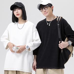 Camiseta unisex de mezcla de algodón con costuras en contraste, manga tipo brazalete, hombros caídos, cuello redondo, camiseta de manga tres cuartos para hombre y mujer - Product Image 2