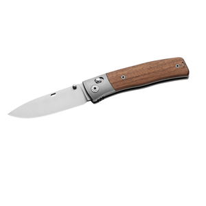 Couteaux de poche pliants à manche en bois brun foncé avec lame à bord lisse, poussoir métallique, clip de poche et design utilitaire portable - Product Image 1