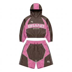 Conjunto corto cortavientos para mujer, 125 GSM, tela ligera de poliéster y spandex, paneles morados en contraste, bordado personalizado, talla grande - Product Image 3