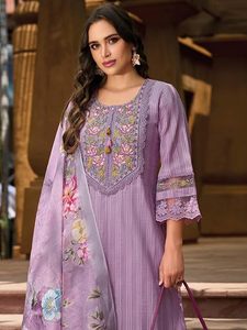 Women's Straight <b>Linen</b> Floral Embroidered Kurta Pant with Dupatta Set - Product Image 2