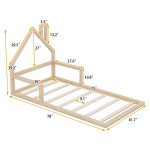 Letto in Legno Naturale a Forma di Casa con Testiera per Cameretta Bambini, Misura Singola - Product Image 5