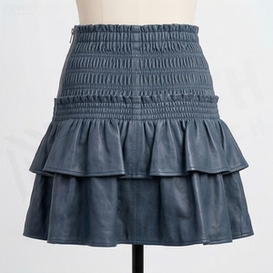 Mini-jupe en cuir PU pour femme, taille élastique, volants, style évasé, couleur unie, toutes saisons - Product Image 2