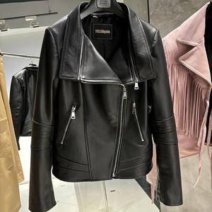 Veste en cuir noir de printemps, style motard, coupe slim, en cuir de mouton véritable avec capuche - Product Image 3