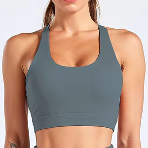 Solid Grey <b>Cross</b> Back Sports Bra Seamless Workout Bralette Medium Support Gym <b>Top</b> Women Activewear for Yoga Running - Product Image 1
