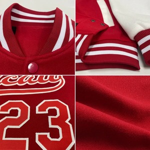เสื้อแจ็คเก็ตวาร์ซิตี้สีแดงขาวแบบสั่งทำพิเศษสำหรับทุกเพศ  แบบติดกระดุมเต็มตัว  แบบเลตเตอร์แมน  แบบบอมเบอร์  ขายส่งเสื้อทีม  เสื้อแจ็คเก็ตสำหรับกีฬามหาวิทยาลัย - Product Image 5