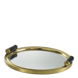 Plateau de rangement ovale miroir avec cadre plaqué or et poignées noires, design moderne et luxueux pour utilisation sur table - Product Image 2