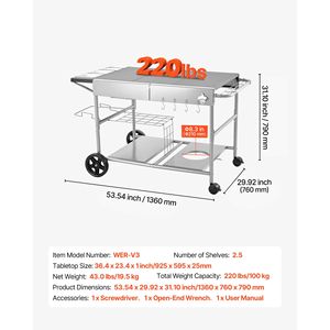 Carrello per Barbecue da Esterno Mobile con Piano di Lavoro 36,4 x 23,4 x 1 Pollici e 4 Contenitori per Spezie per Accessori BBQ - Product Image 3