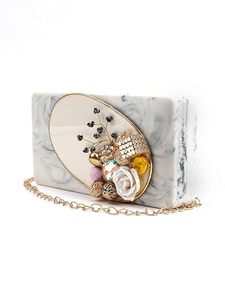 Grey Resin Clutch Bag | Stone Handbag with Floral Rhinestones | Acrylic Clutches for Women | Celebrity Party & Evening Purse | - Product Image 2