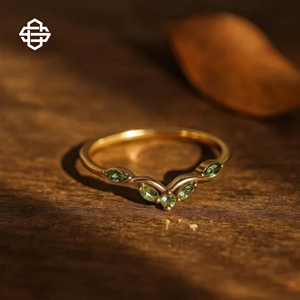 Women's 14K Gold Plated Moissanite Green Marquise Diamond Ring Classic Plant Design Gemstone Ring Everyday Wear - Product Image 3