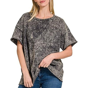 <b>Round</b> Neck Female Soft Breathable Women Acid Wash T-shirt Regular Fit Plain style Durable Loose Fitting Women Acid Wash T-shirt - Product Image 3