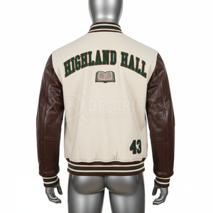 Veste universitaire pour homme, crème, manches en cuir marron, logo H brodé, style preppy, col rabattu, automne, grandes tailles, vestes pour homme - Product Image 5