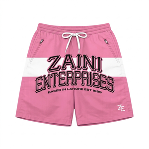 Shorts coupe-vent pour hommes 120 GSM en micro-polyester léger blanc, noir, moutarde avec panneau incurvé et cordon de serrage à la taille, sérigraphie sur le devant - Product Image 1