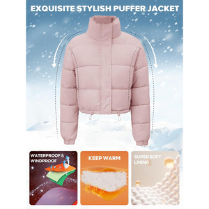 Women's Cropped Puffer Jacket Solid Color Stand Collar Zipper Closure Full <b>Sleeve</b> Winter Warm Outerwear Wholesale Puffer Jacket - Product Image 5