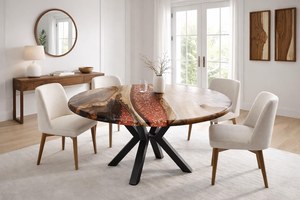 Golden Ember River Epoxy <b>Dining</b> <b>Table</b> Handcrafted Round <b>Wooden</b> Statement Furniture <b>Rustic</b> <b>Dining</b> <b>Table</b> Luxury Furniture - Product Image 5
