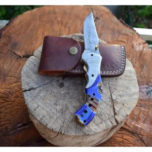 Cuchillo de Bolsillo Burraq OEM Personalizado, Hecho a Mano, de Acero de Damasco, Multifuncional, de 8 Pulgadas, con Hoja Recta, Funda de Cuero, Regalo de Aniversario - Product Image 4