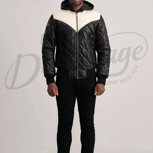 Veste matelassée en cuir contrasté pour homme, design matelassé en losanges, capuche en simili cuir, manteau d'hiver chaud et rembourré - Product Image 4