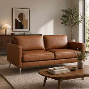 Mid-Century Modern Style Genuine Leather <b>Sofa</b> Premium Upholstered Living Room Couch for Living Room, Apartment in Camel - Product Image 1