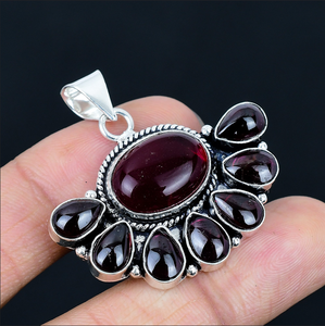 Pendentif demi-fleur classique en grenat naturel, plaqué argent, collier floral, breloque pour femme, bijoux de mariage et de fiançailles - Product Image 2