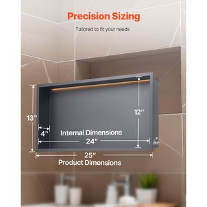 13 X 25 X 4 Inch Heavy Duty Stainless Steel <b>Shower</b> Niche Modern LED Strip Recessed Wall Shampoo <b>Storage</b> Bathroom Shelves - Product Image 6