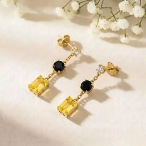 Natural Lemon Quartz Rectangle Cut & <b>Black</b> Obsidian Round Drop Earrings CZ Accent Handmade Gemstone Jewelry Fine Stud Earrings - Product Image 3