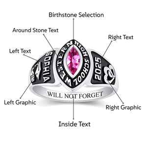 Anillo de Graduación Universitario Personalizado BOJ School Ring 042, Anillo de Colegio Secundario para Ella, con Piedra de Nacimiento, Plata 925, ¡Oferta! - Product Image 4