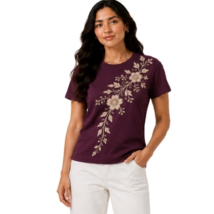T-shirt en coton personnalisé pour femme, col rond, manches courtes, motif floral brodé beige, décontracté, OEM, qualité supérieure, mode estivale - Product Image 1