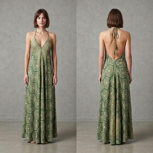 Vestido Maxi Boho Verde con Estampado Geométrico, Talla Única, Tejido Natural, Cuello en V, Espalda Descubierta, Línea A, con Borlas, para Mujer - Product Image 5