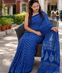Sari Tradicional KV para Mujer, Estampado a Mano Bagru, de Algodón Puro Mulmul, con Blusa Sin Coser, Reversible, de Secado Rápido, para Otoño - Product Image 1