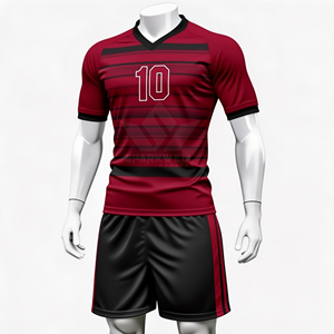 Ensemble de maillots de football personnalisés pour hommes, couleur rouge, col en V, manches courtes, impression sublimée, polyester respirant, uniforme d'équipe de football - Product Image 1