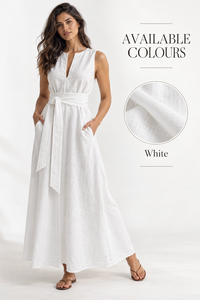 Vestido Maxi Minimalista Casual Holgado de Algodón y Lino sin Mangas con Cuello en V y Cintura Ajustable, Ideal para Verano, Playa y Resort - Venta al por Mayor - Product Image 3
