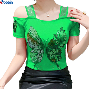 Camisetas de Verano con Logotipo Personalizado, Adorno de Mariposa con Pedrería, Transpirables, de Manga Corta, Cuello Cuadrado, para Niñas - Product Image 3